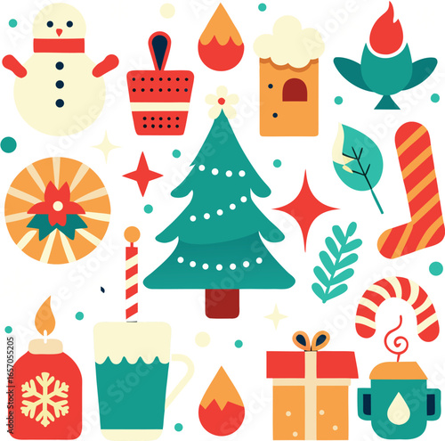 Vector art of collection of colorful christmas ornaments and decorations on a