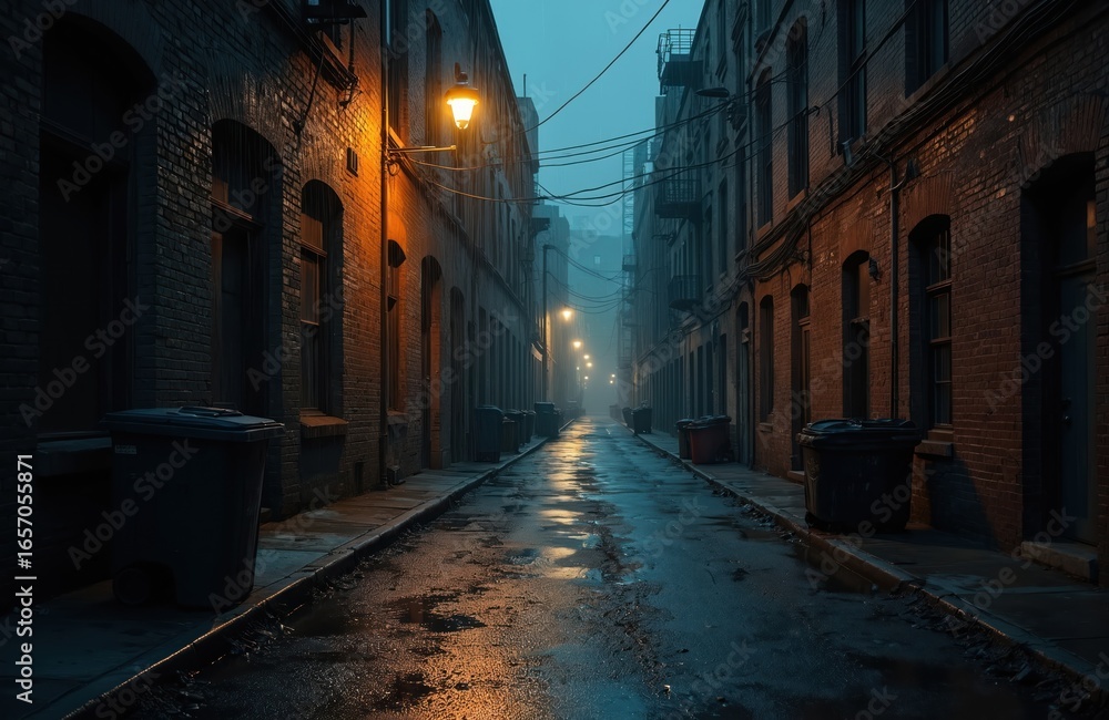 Obraz premium Grungy, dirty urban alleyway at night. Wet asphalt reflects streetlights casting eerie glow on brick buildings. Rubbish cans line narrow passage creating desolate, slightly menacing atmosphere for