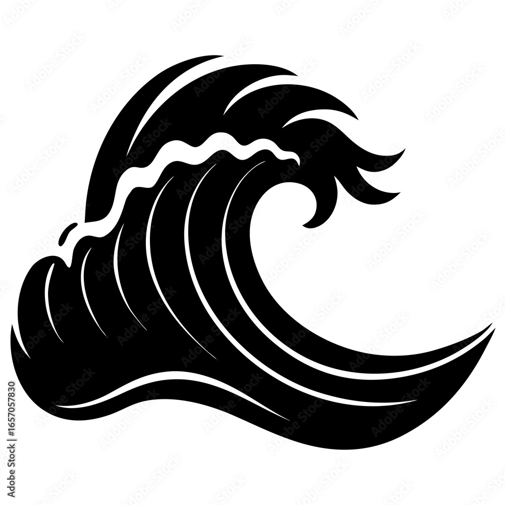 Naklejka premium Black silhouette wave pattern vector, Minimalist wave design vector icon, Bold wave graphic for commercial use, Modern wave illustration for print