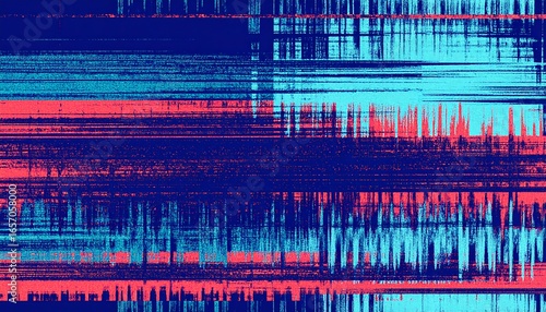 A vibrant, horizontal design features bold streaks of turquoise, coral, and navy blue, creating a striking abstract composition.