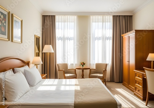 Elegant hotel room with a comfortable bed and classic furnishings
