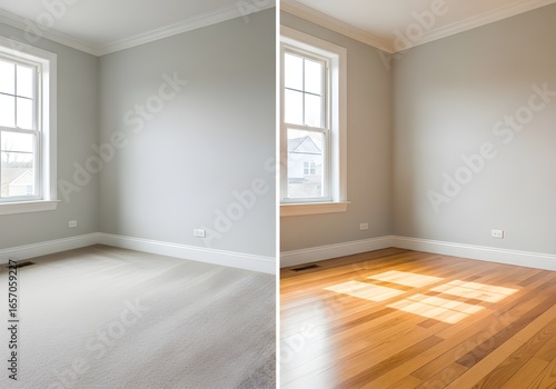 Before and after room renovation showing carpet removal and hardwood floor installation