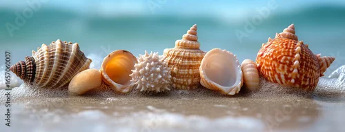 Panel kuchenny z motywem Zatoka muszelek na plaży, na zdjęciu są różne muszle leżące w rzędzie na mokrym piasku.