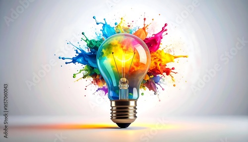 Colorful lightbulb surrounded by vibrant paint splashes.