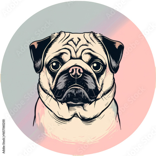 Portrait of a pug in a circle, digital art illustration, pets concept