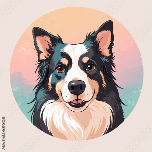 Border Collie Dog Portrait Cartoon Illustration on Pastel Background