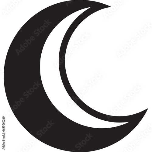 Crescent moon illustration, isolated on white background, representing the lunar phase, night sky, and celestial symbolism in a black silhouette