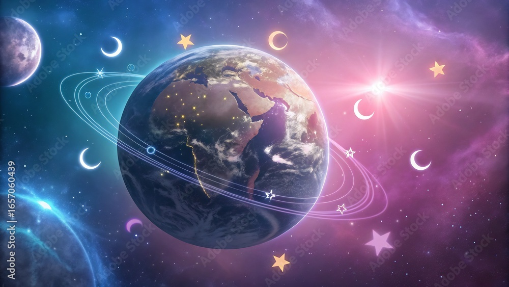 Obraz premium Majestic earth planet with glowing rings and crescent moons orbiting in a vibrant cosmic nebula filled with stars and galaxies