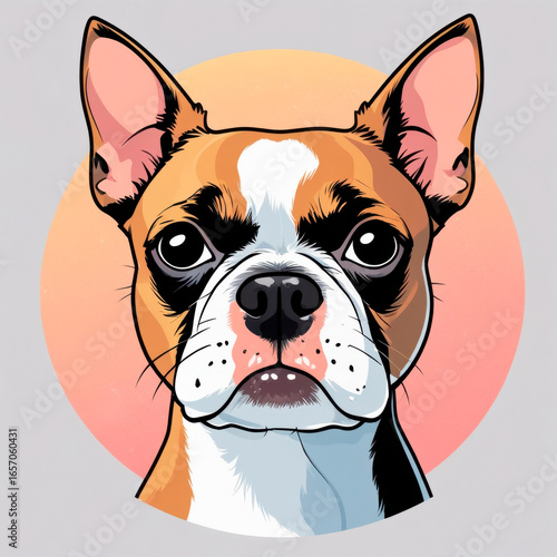 Cartoon Boston Terrier Dog Portrait, Flat Design, Vector Illustration
