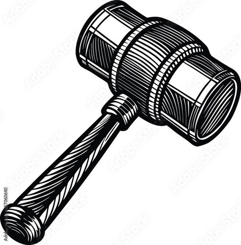A classic wooden gavel or auctioneer's mallet shown in a vintage engraved woodcut style. Vector illustration symbol of justice and law.eps
