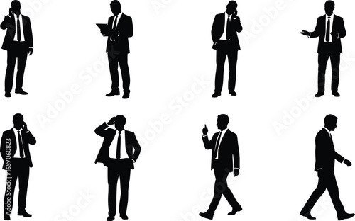 Silhouette business men talking, walking, presenting, office communication, businessman with phone, professional teamwork, corporate manager, confident leader, vector illustration, success
