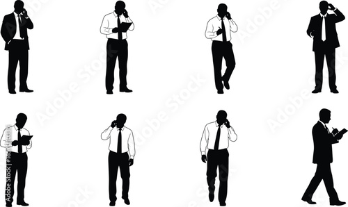 Silhouette business men talking, walking, presenting, office communication, businessman with phone, professional teamwork, corporate manager, confident leader, vector illustration, success