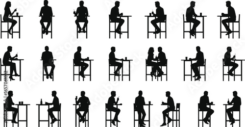 Silhouette people drinking coffee, man woman sitting alone, casual lifestyle, restaurant bar table, social interaction, friends meeting, vector illustration design