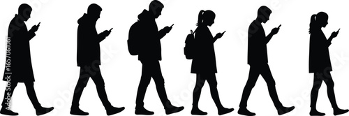 Silhouette people walking, mobile phone users, men and women, backpack, pedestrian figures, urban lifestyle, smartphone addiction, vector illustration, society, technology