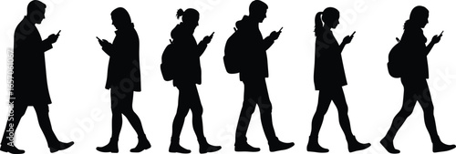 Silhouette people walking, mobile phone users, men and women, backpack, pedestrians, urban lifestyle, smartphone addiction, technology society, vector illustration, modern life