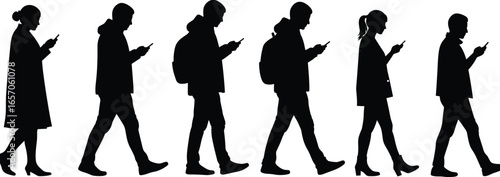 Silhouette people walking, smartphone users, men and women, backpack, pedestrians, mobile phone addiction, urban lifestyle, technology society, vector illustration, modern life