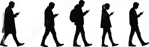 Silhouette people walking, smartphone users, men and women, pedestrians, backpack, mobile addiction, modern society, urban lifestyle, vector illustration, technology