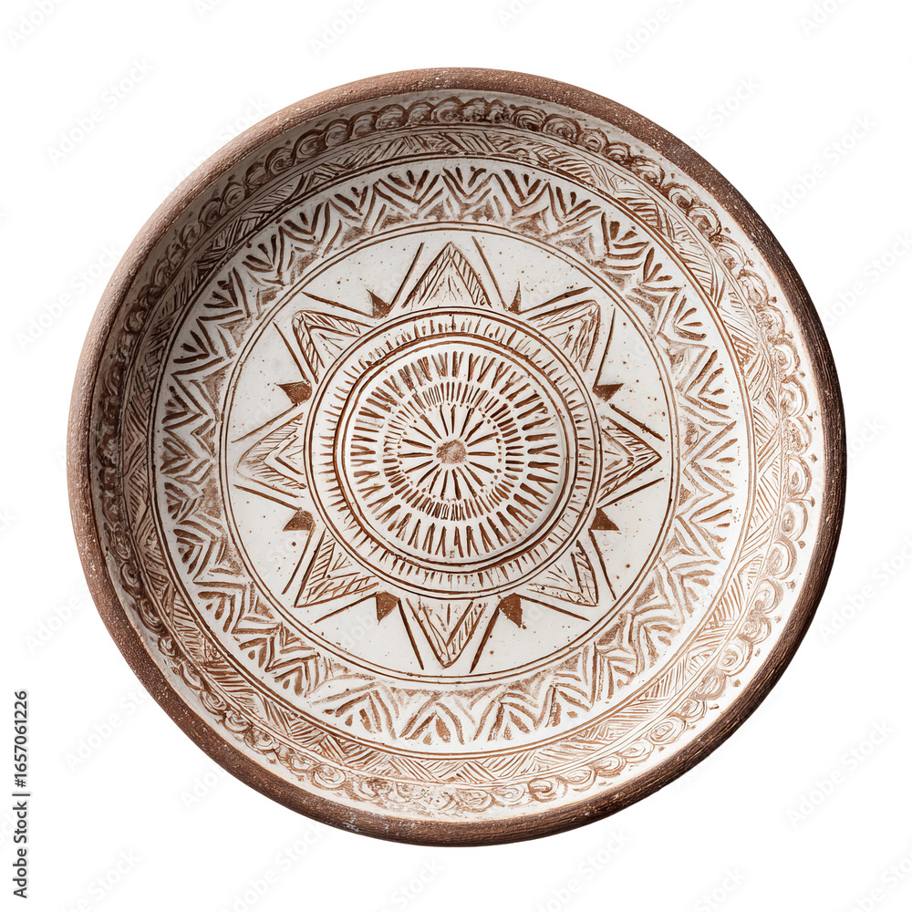 Fototapeta premium decorative clay plate with tribal patterns zoomed out 