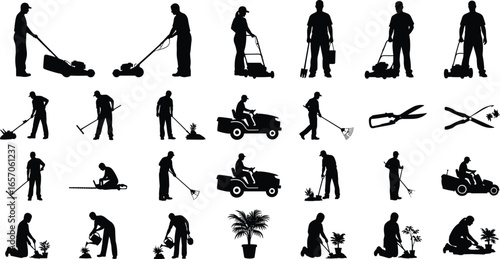 Gardening and landscaping silhouettes, mowing lawn, raking leaves, watering plants, trimming hedges, lawn tractor, tools, potted plants, outdoor work, vector illustration