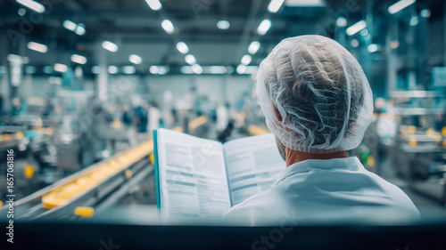 Quality manager wearing a hairnet studying procedures on the factory floor, highlighting compliance training, traceable documentation, and the disciplined culture behind safe