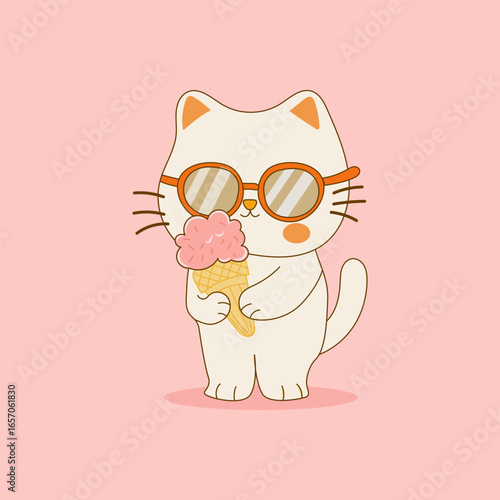 Flat vector kawaii cat with sunglasses and enjoying ice cream, summer illustration, print