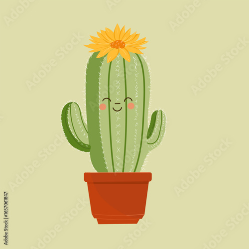 Kawaii kaktus isolated flat vector flower succulent blooming, blossom anf enjoy sticker