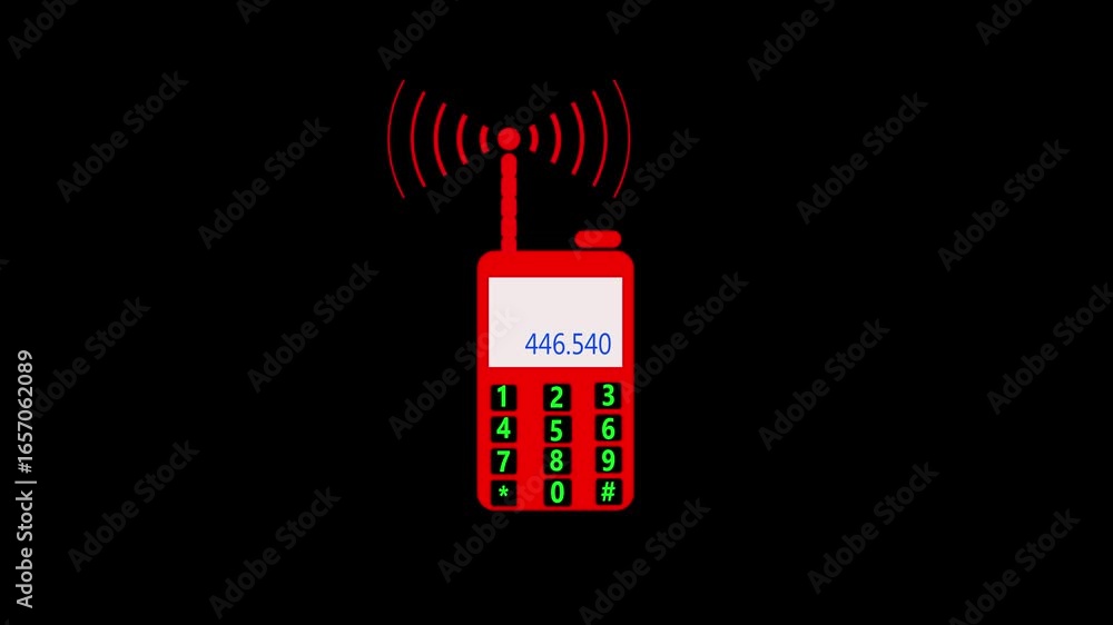 A red wireless retro-style phone icon with antenna transmitting signal waves. The screen displays 446.540 MHz, symbolizing emergency communication, radio frequency, walkie-talkie technology, and mobil
