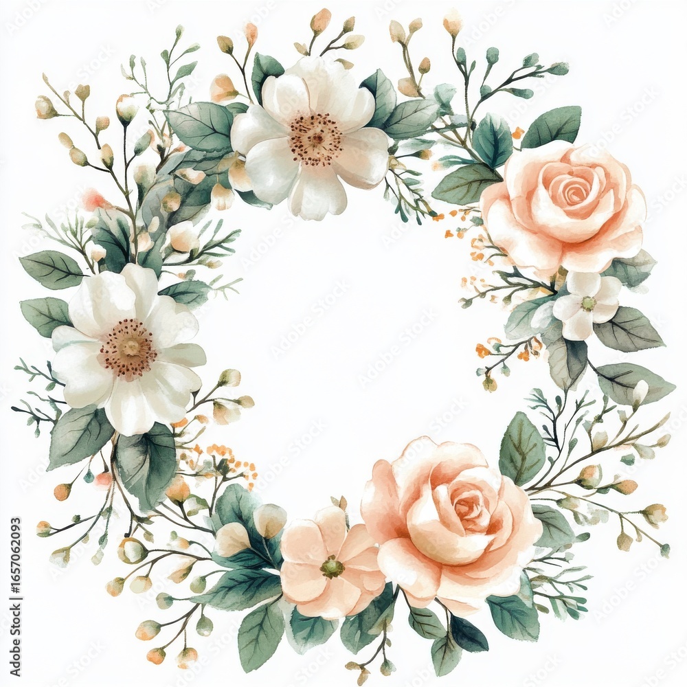 Fototapeta premium Watercolor Floral Wreath on White, Elegant Wedding Invitation, Spring Blossom