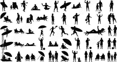 Silhouettes of people enjoying beach activities, surfing, playing ball, sunbathing, sitting under umbrellas, walking, relaxing, vacation lifestyle, vector illustration set
