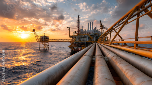 An offshore oil platform stands silhouetted against a vibrant sunset