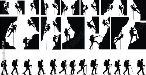 Silhouettes of people rock climbing and hiking, using ropes, harnesses, backpacks, trekking poles, outdoor adventure, extreme sport, vector illustration set