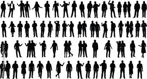 Silhouettes of people standing, walking, talking, gesturing, interacting, various poses, pairs and individuals, communication, crowd, urban lifestyle, vector illustration