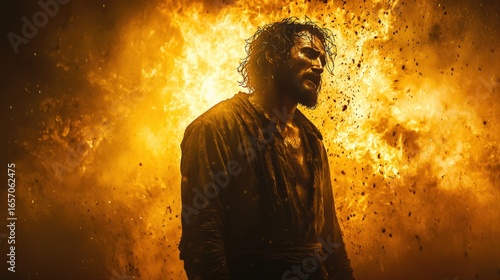 Moses is depicted in dramatic stance surrounded intense flames embodying moment of strength and determination. fiery backdrop enhances atmosphere of scene.