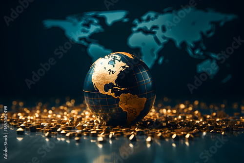 Globe surrounded by gold coins on a dark background with a world map