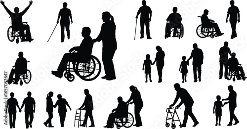 Silhouettes of people with mobility aids, wheelchairs, canes, walkers, walking, assisting, caregiving, diverse abilities, inclusion, support, vector illustration set