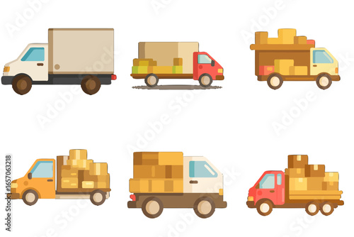 Dynamic fleet of six diverse delivery trucks loaded with packages, showcasing efficient logistics and cargo transport solutions for modern businesses.