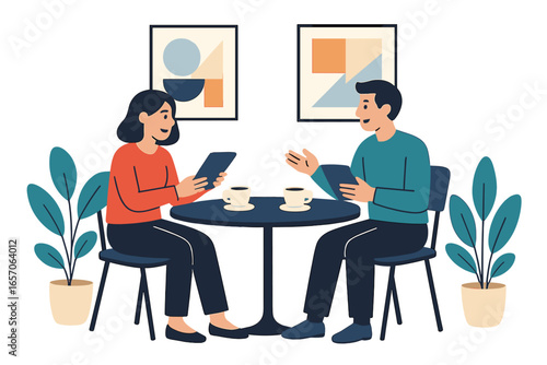 A contemporary depiction of two females seated at a table in a snug cafe, immersed in discussion, surrounded by a soothing and tranquil ambiance, rendered in digital art, characterized by minimalist