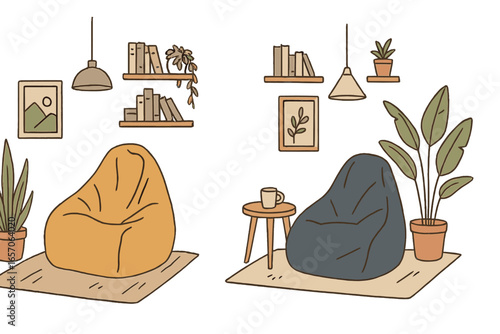 Cozy bean bag lounge in a modern cafe setting, perfect for relaxing and socializing with friends or engaging in quiet study sessions