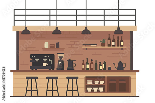 Vector illustration of a metal podium coffee bar featuring a coffee machine artwork design