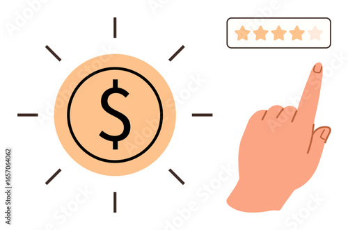 Hand interacting with a five-star rating interface near a dollar sign. Ideal for customer feedback, service quality, payment, evaluation, finance, satisfaction, user experience. Simple flat metaphor