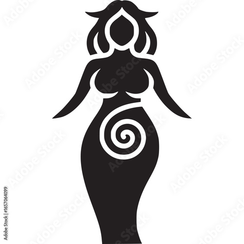 Silhouette of a goddess figure with a spiral on her belly, isolated on white background, representing fertility, femininity, and ancient mythology