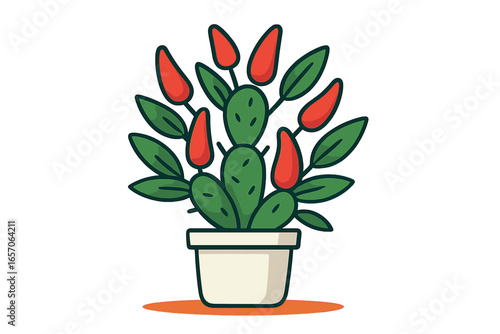 Vector illustration of a hot pepper bush with ripe red peppers in a flowerpot, symbolizing homegrown vegetables, organic gardening, and healthy vegetarian eating, isolated on a white background