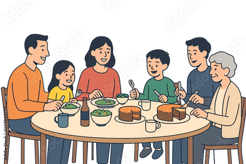 A happy family is shown enjoying a meal together at home, ideal for use on family-focused blogs, websites, or in brochures
