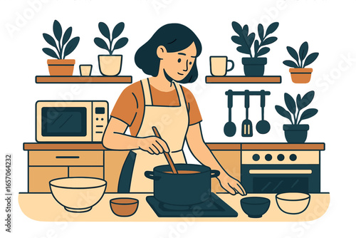 A woman is preparing a nutritious meal in the comfort of her own well-lit kitchen