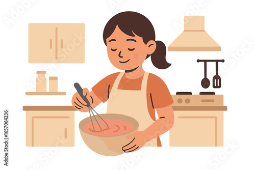 A young girl has fun baking at home surrounded by a pink background while wearing a star-patterned apron