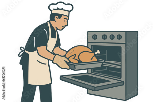 A chef is cooking a homemade Thanksgiving meal featuring a roasted turkey in the oven