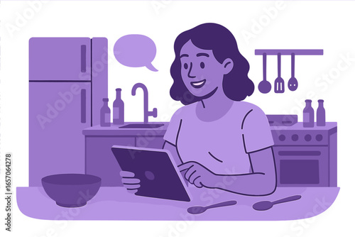 Illustration of a modern man utilizing a tablet in his kitchen at home