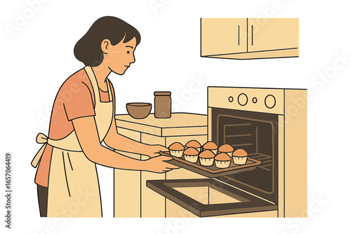 A woman wearing an apron is baking cupcakes in the oven of her home kitchen