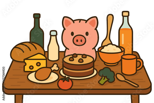 Illustration of home cooking's economic benefits, featuring cooking utensils, a whisk, flour, cake, and a piggy bank, highlighting nutrition, budgeting, and wellness by saving money through eating at