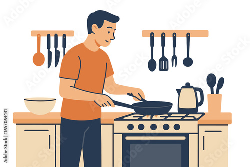 Vector illustration depicts a happy man cooking pancakes in a frying pan near the stove in his home kitchen, preparing homemade breakfast in the morning for a web banner design concept